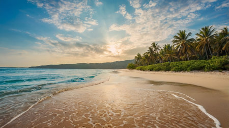 Beautiful tropical beach and sea with coconut palm tree at sunset time