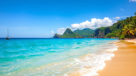 Tropical beach with white sand, turquoise water and blue skyの写真素材