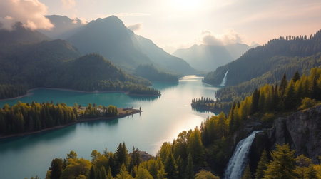 Aerial view of beautiful alpine lake with waterfall in the mountains