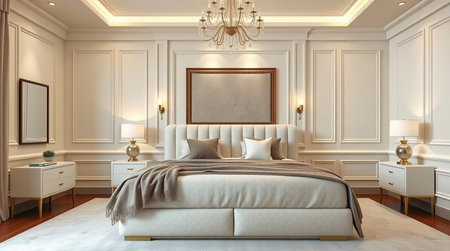 3d rendering luxury bedroom suite in classic style with wood floor and white walls