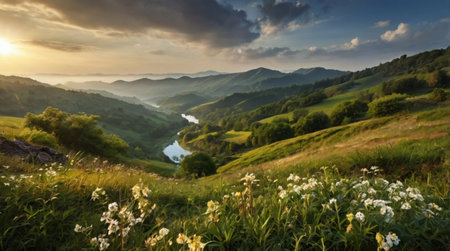 Sunset over the valley in the Carpathian Mountains, Ukraineの写真素材