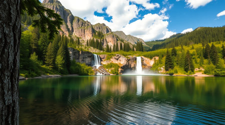 Beautiful mountain lake in the Dolomites, Italy. Summer landscapeの写真素材