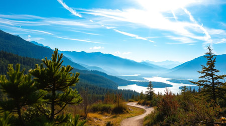 Mountain landscape with lake, forest and blue sky with clouds.