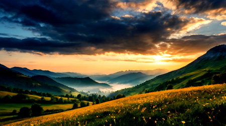Sunset in the mountains. Summer landscape in the Carpathiansの写真素材