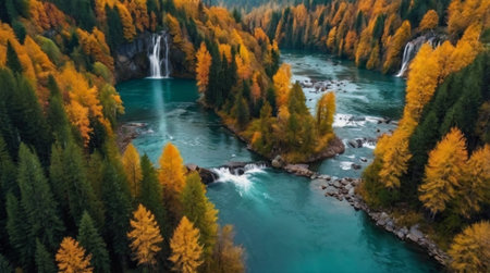 Aerial view of colorful autumn forest and waterfall. Beautiful nature scene.