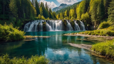 Beautiful view of a waterfall in the mountains. Wide photo.の写真素材