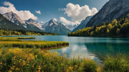 Panoramic view of a beautiful alpine lake surrounded by mountains.