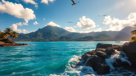 Panoramic view of an island with a mountainous landscape and a rocky coastの写真素材