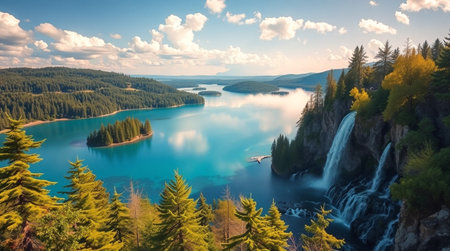 Beautiful panoramic view of the turquoise water of a lake with a waterfall