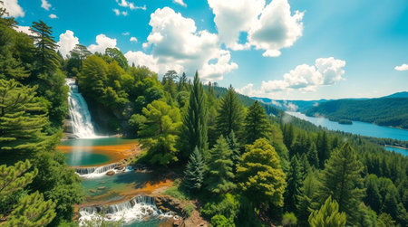 Aerial view of beautiful waterfall in the forest. Summer landscape.の写真素材