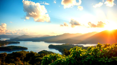 landscape of mountain and lake at sunset in the morning, Thailandの写真素材