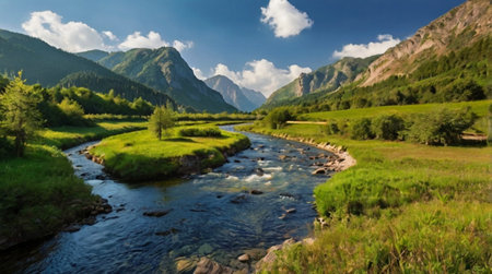Panoramic view of the mountain river in the valley. Summer landscape.の写真素材