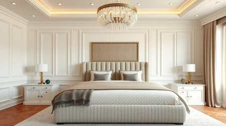 3d render luxury classic bedroom suite in classic style with white wallsの写真素材