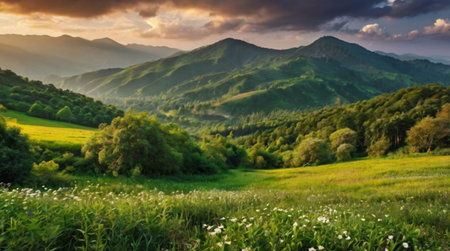 Landscape with green meadow and mountains at sunset. Carpathian, Ukraineの写真素材