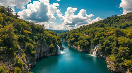 Aerial view of waterfall in Plitvice Lakes National Park, Croatiaの写真素材