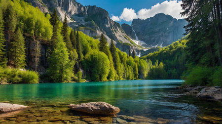 A panoramic view of the mountain lake in the Alps.