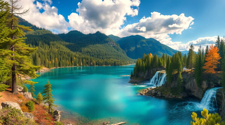 Fantastic panoramic view of turquoise water of emerald mountain lake. Dramatic sky with glowing clouds. Carpathian, Ukraine, Europe. Beauty world.の写真素材
