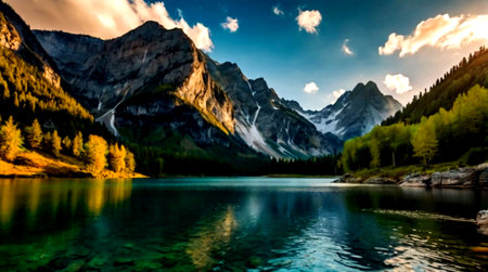 panoramic view of alpine lake with reflection of mountains and clouds
