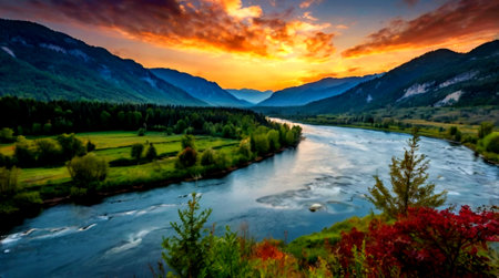 Sunset over the Katun river, Altai Republic, Russiaの写真素材