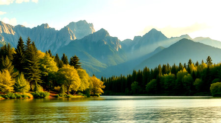 Mountain landscape with lake and forest at sunset, New Zealand.