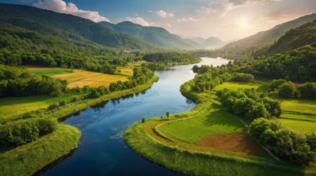 Beautiful summer landscape with river and mountains. Panoramic viewの写真素材