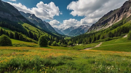 Panoramic view of the mountains and meadows in the Swiss Alps