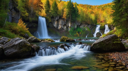 Beautiful waterfall in the autumn forest. Waterfall in the mountains.の写真素材