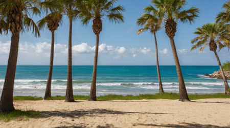 Palm trees on a sandy beach with the sea in the backgroundの写真素材