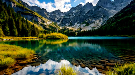 panoramic view of alpine lake in the italian alps