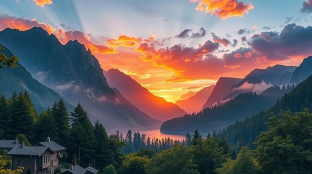 Sunset in the mountains. Panoramic view of the Alps.の写真素材