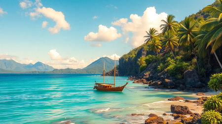 Beautiful seascape with wooden boat and palm trees on tropical islandの写真素材