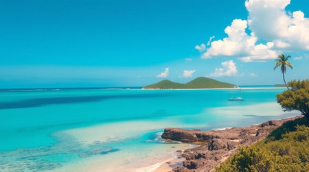 Panoramic view of a beautiful tropical beach with palm trees and turquoise waterの写真素材