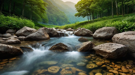 Mountain stream in the forest. Nature landscape background. Long exposure.