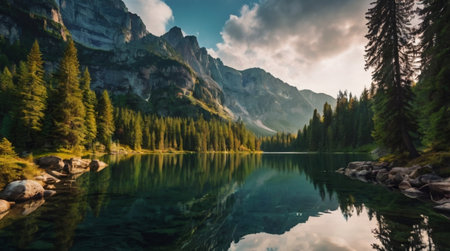 Lago di Braies lake in Dolomites mountains, Italy.の写真素材
