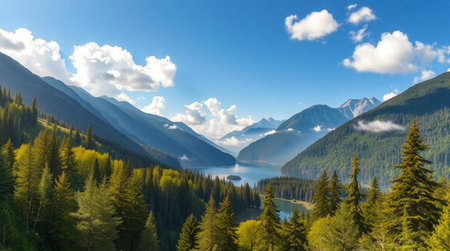 Panoramic view of the lake in the mountains. Beautiful summer landscape.