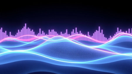 abstract 3d illustration of digital sound wave background with glowing particlesの写真素材