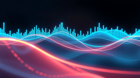 3d rendering of sound waveform in virtual space. Futuristic sound waveform with glowing particles. Sound waveform with glowing particles. Sound waveform with glowing particles.の写真素材