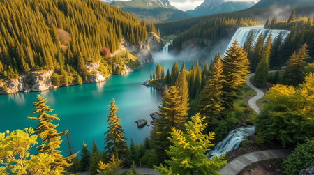 Panoramic view of beautiful turquoise lake in the mountainsの写真素材