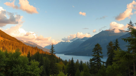 Mountain lake and forest at sunset, Canadian Rockies, Alberta, Canada