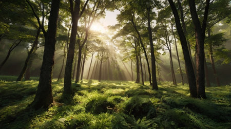 Sunrise in the misty forest with ferns and sunlightの写真素材