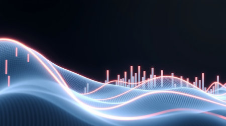 3d rendering of abstract background with glowing particles in empty space. Futuristic waveform with depth of field and bokeh effect. Futuristic HUD design element.の写真素材