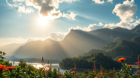 Sunset on the lake with mountains in the background and flowers.の写真素材