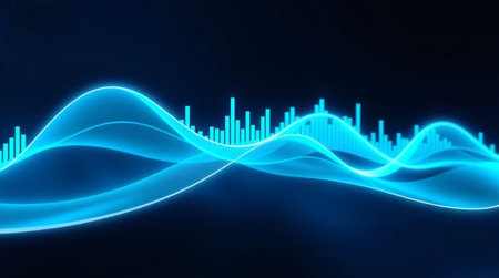 abstract blue sound waves on dark background, 3d render illustrationの写真素材