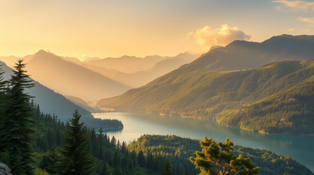 Mountain landscape with lake and forest at sunset. Panoramic viewの写真素材