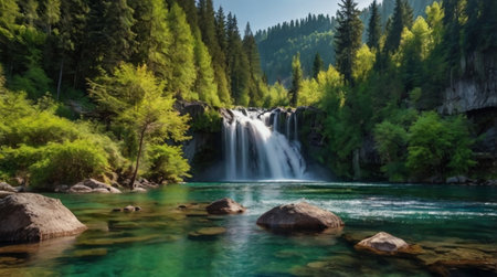 Beautiful waterfall in the mountains. Summer landscape in the mountains.