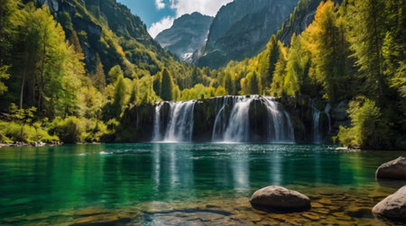 Waterfall in Lago di Braies, Dolomites, Italyの写真素材