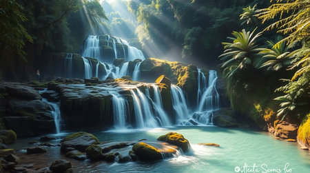 Beautiful waterfall in tropical forest. Panoramic view of beautiful waterfall in jungle.