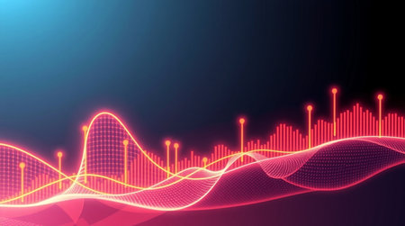 Futuristic wave of glowing particles and bokeh lights. Abstract background with sound wave. Vector...