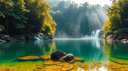 Waterfall in the forest with yellow leaves and stones on the lakeの写真素材