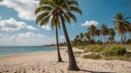 Palm trees on the sandy beach with blue sky and white cloudsの写真素材